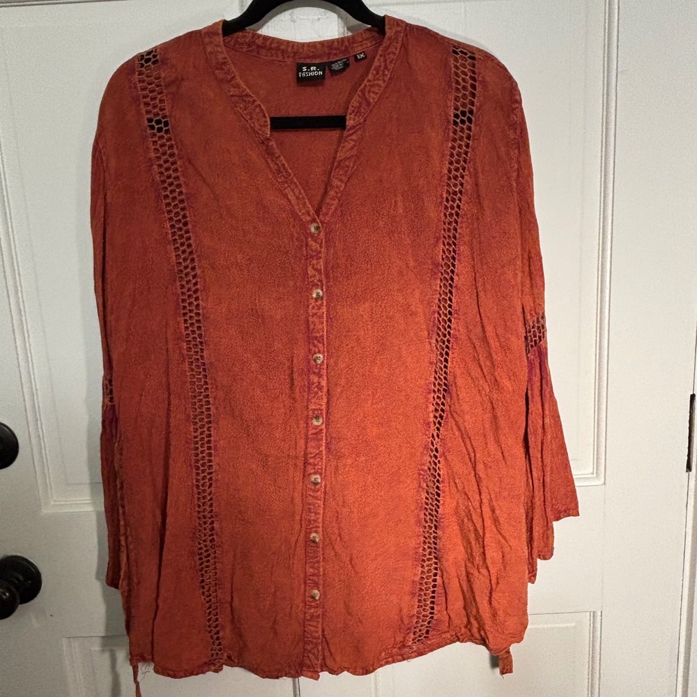 Forest Fairy Womens 1X Burnt‎ Orange Boho Crochet Bell Sleeve Button Front Tunic